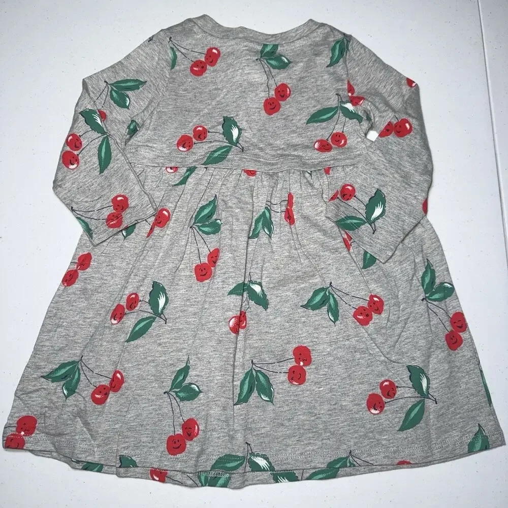 Baby Gap Girl’s Toddler Dress Long Sleeve Cherry Print Gray Size 2 Years NWT - Picture 2 of 5